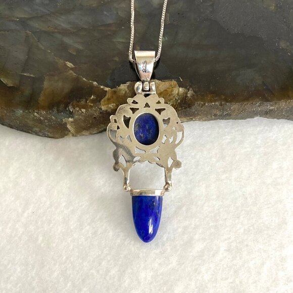 Sterling Silver 925 Lapis Lazuli Scrollwork 2 Stone Pendant Necklace 18" Chain - Picture 8 of 16